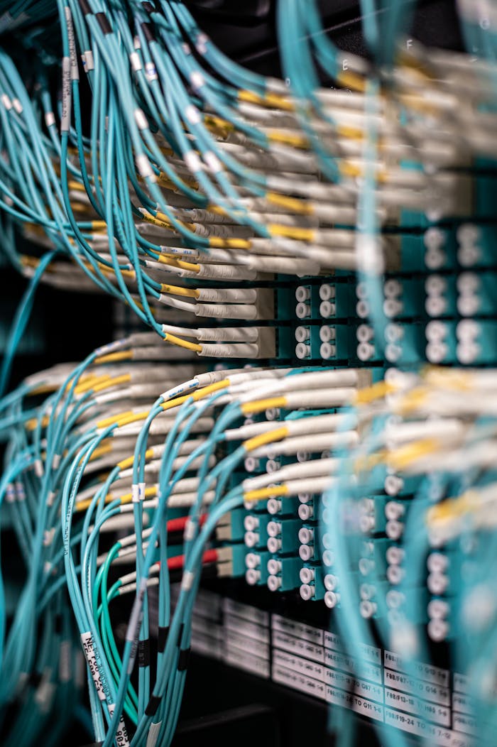 About Rows of blue cables and wires plugged into server patch panel located in modern data center framework